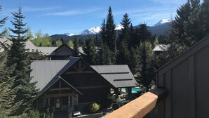 Un rifugio con vista sulle montagne, circondato da alberi sempreverdi.