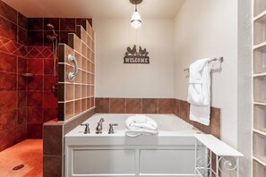 Shower, jetted tub, hair dryer, towels
