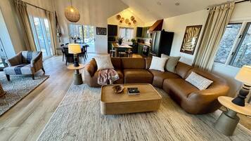 Smart TV, fireplace, books