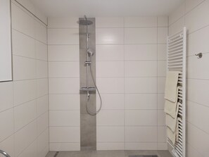 Ducha, secador de pelo, toallas y papel higiénico