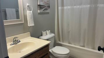 Hair dryer, towels, soap, toilet paper