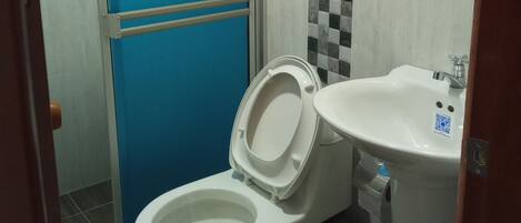 A bathroom with a toilet, sink, and mirror.