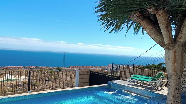 Una piscina con acqua cristallina e blu, circondata da un pontile in legno e da una palma.