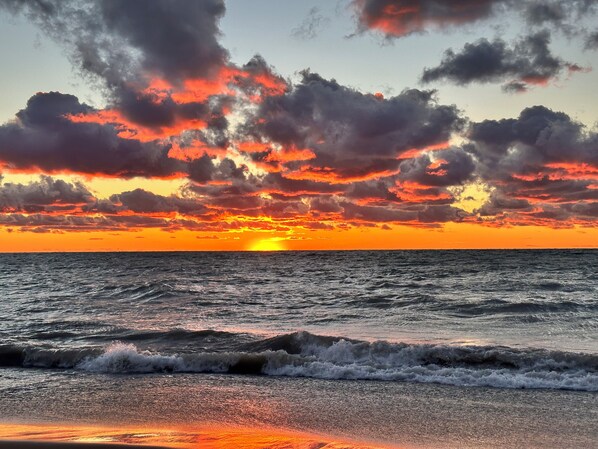On the beach, sun loungers
