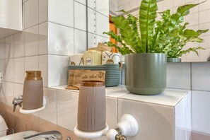 Chuveiro, secador de cabelo, bidê, toalhas de banho