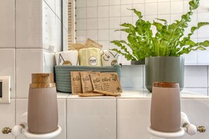 Shower, hair dryer, bidet, towels