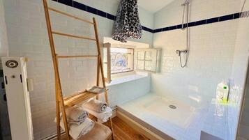 Shower, hair dryer, towels, soap