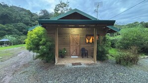 A wooden cabin with a porch, a door, and a window with curtains.