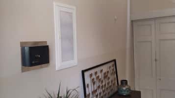A hallway with a security box, a framed picture, a potted plant, and a door.