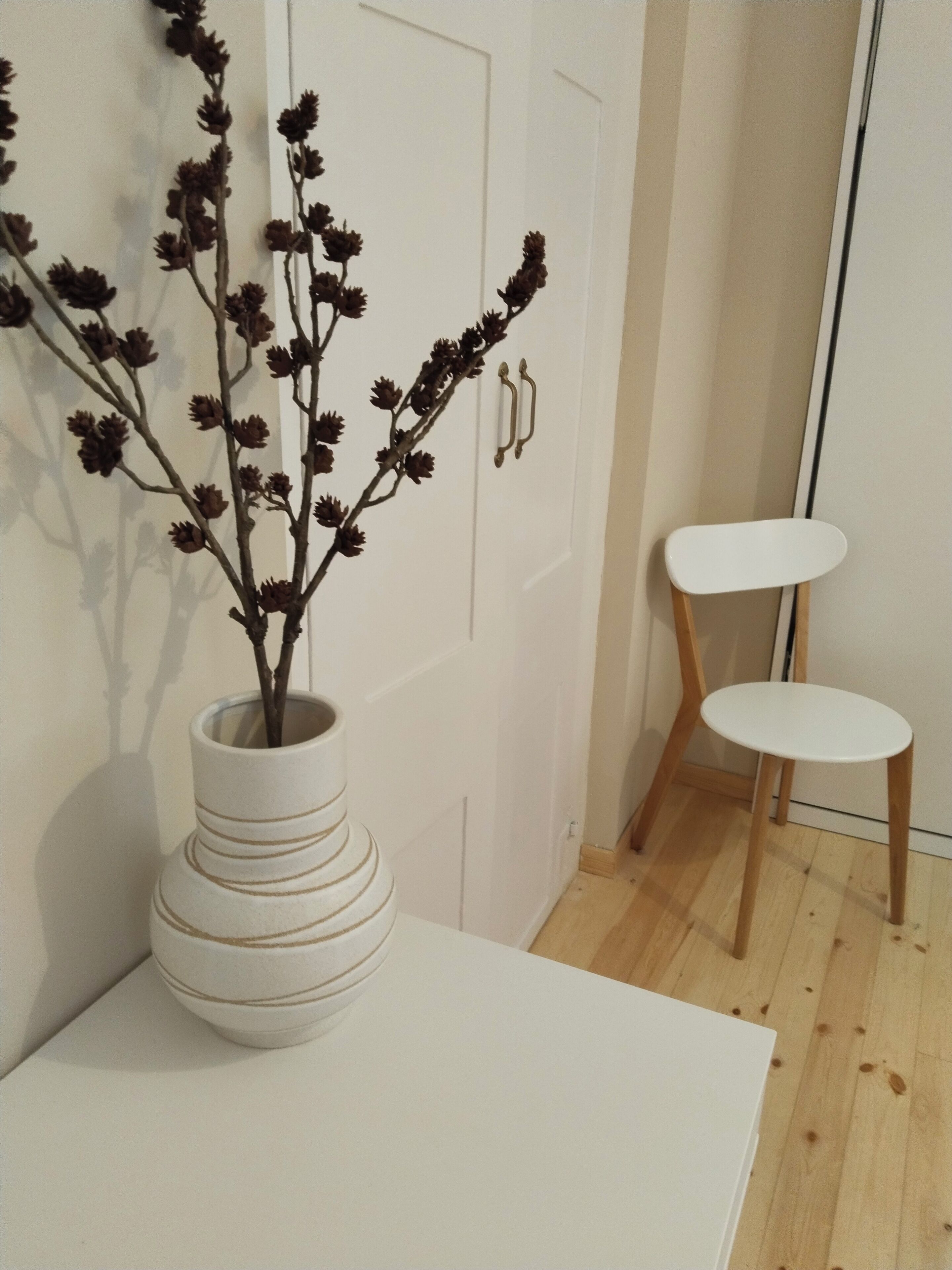 A white vase with a plant on a white table next to a white wardrobe with brass handles.