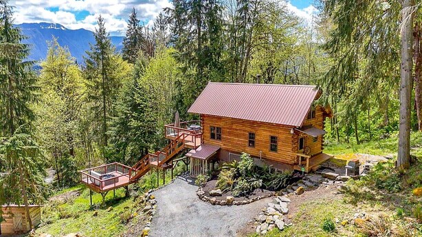 A wooden cabin with a red roof, surrounded by dense forest, and a stone pathway leading to the entrance.