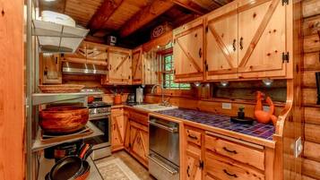 Interior de una cabaña de madera con cocina, que incluye armarios de madera, una estufa y un lavabo.