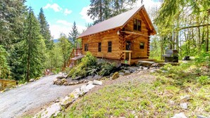 A wooden cabin with a metal roof, surrounded by dense forest, a gravel path leading to the entrance, and a small outdoor grill.