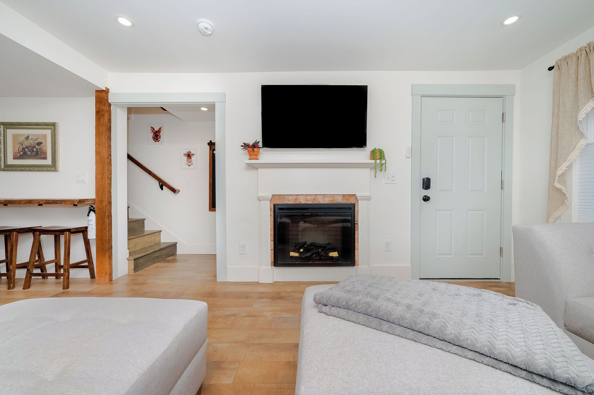 TV connectée, cheminée, livres