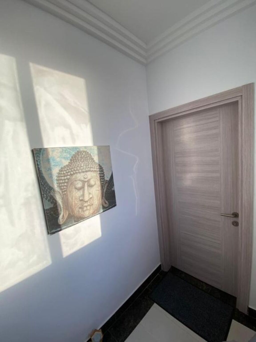 Un couloir avec une porte en bois, une œuvre d’art encadrée accrochée au mur et un paillasson à motifs.