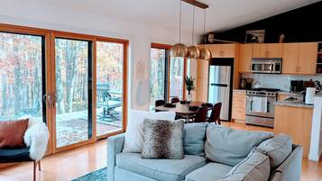 Smart TV, fireplace, books