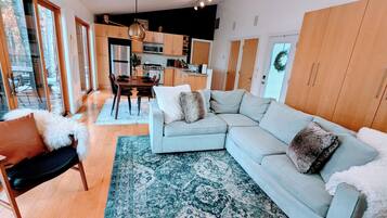 Smart TV, fireplace, books