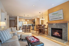 Smart TV, fireplace, books