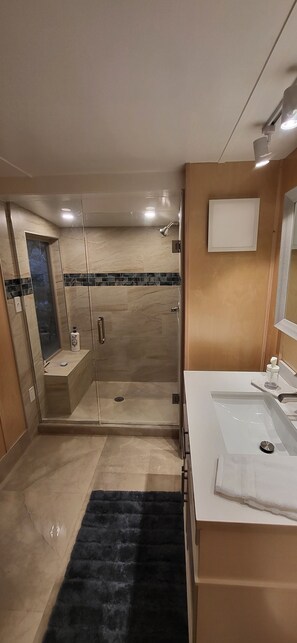 Shower, towels, soap, shampoo