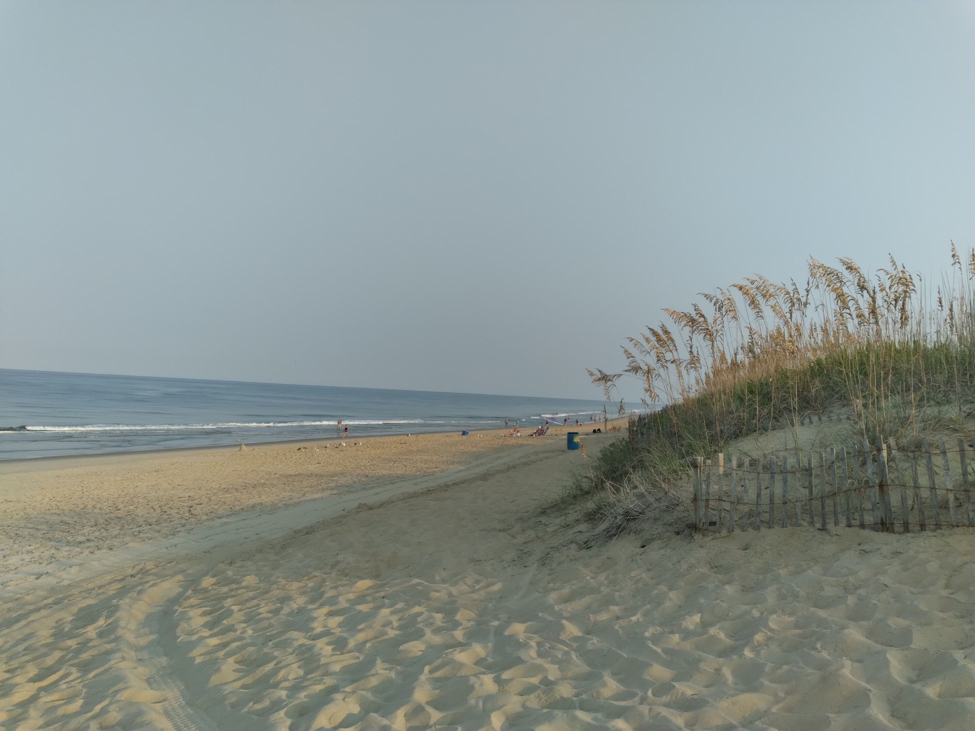 Ein sandiger Strand mit sanften Wellen, blauem Himmel und spärlicher Vegetation.