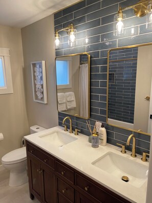 Hair dryer, towels, soap, shampoo