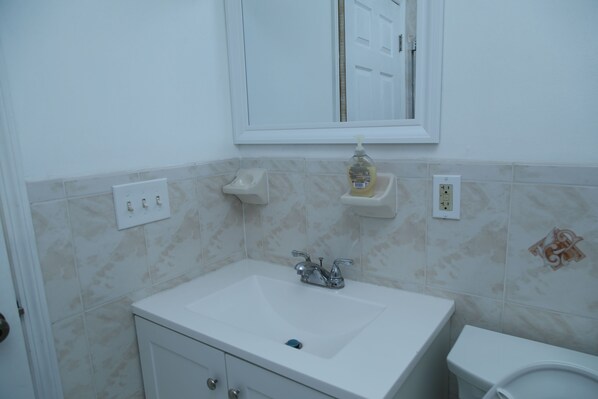 Bidet, towels, soap, toilet paper