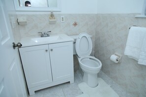 Bidet, towels, soap, toilet paper
