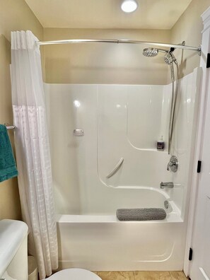 Hair dryer, towels, soap, shampoo