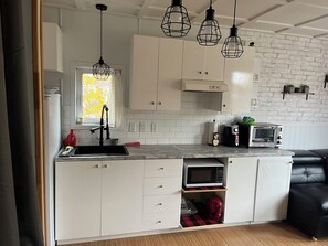 Fridge, microwave, coffee/tea maker, electric kettle