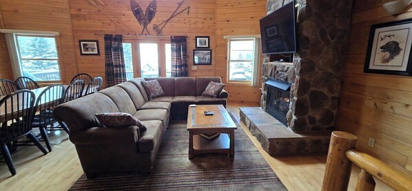 TV, fireplace, video games, foosball