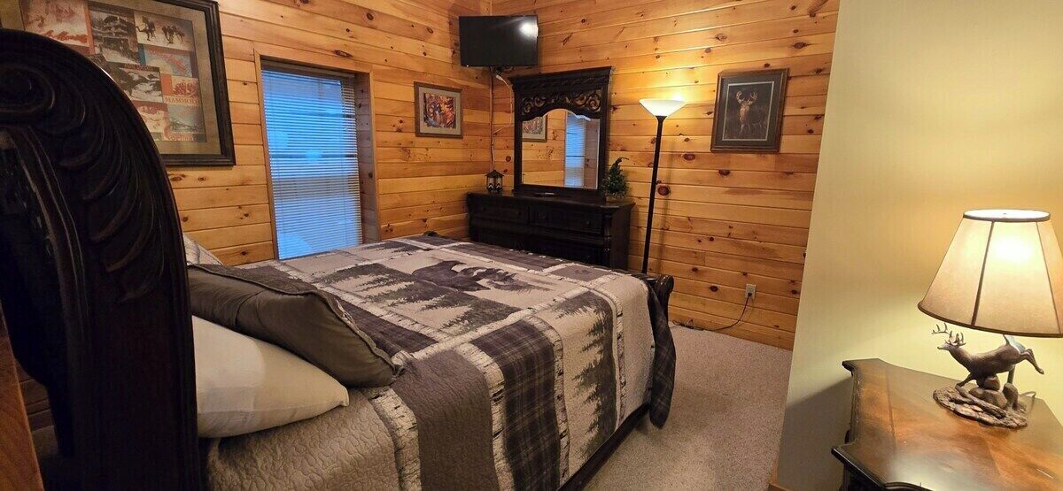 A wooden-paneled room with a bed, a dresser, a mirror, a lamp, and a wall-mounted TV.