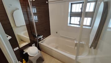 Hair dryer, towels, soap, toilet paper