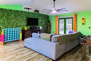 TV, fireplace, video games, foosball