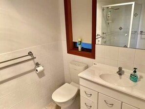 Chuveiro, toalhas de banho, sabonete, papel higiênico