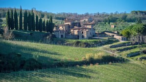 A rural villa with multiple stone buildings surrounded by vineyards and cypress trees. - Villa Chianti With Infinity Pool And Vineyard View (Greve in Chianti)