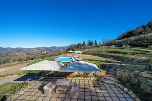 Seasonal outdoor pool, pool umbrellas, pool loungers