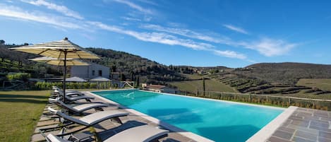 Seasonal outdoor pool, pool umbrellas, sun loungers