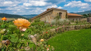 Ein Steinhaus mit rotem Ziegeldach, umgeben von einem üppigen Garten mit verschiedenen Blumen und Grünpflanzen.