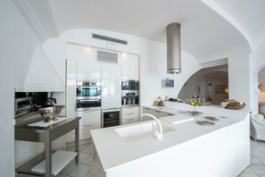 Villa | Private kitchen | Fridge, microwave, oven, stovetop
