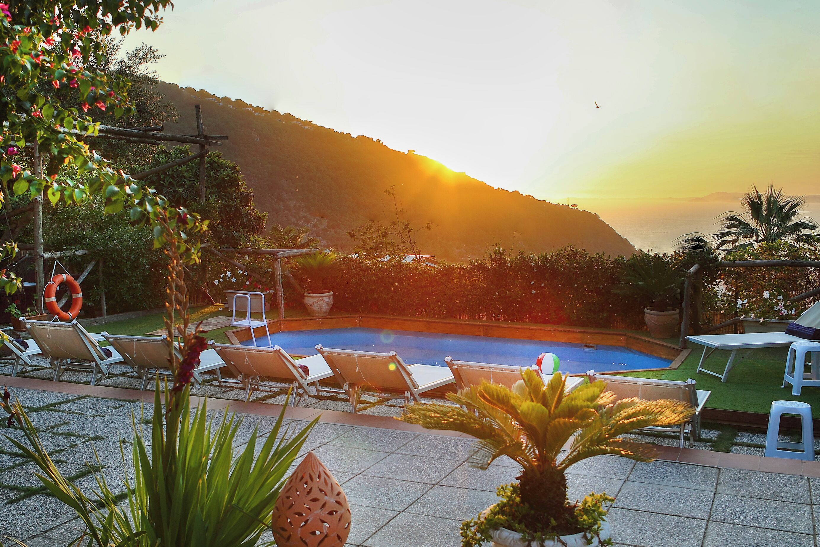 Seasonal outdoor pool, pool umbrellas, pool loungers