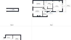 Floor plans for a hotel with two bedrooms, a dining room, kitchen, living room, bathroom, and a balcony. - Host Stay The Parade View (Whitby)