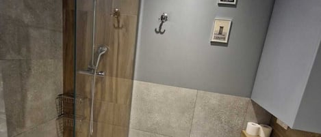 Hair dryer, towels, soap, toilet paper