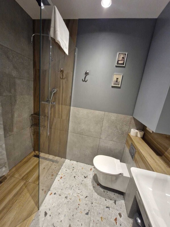 Hair dryer, towels, soap, toilet paper