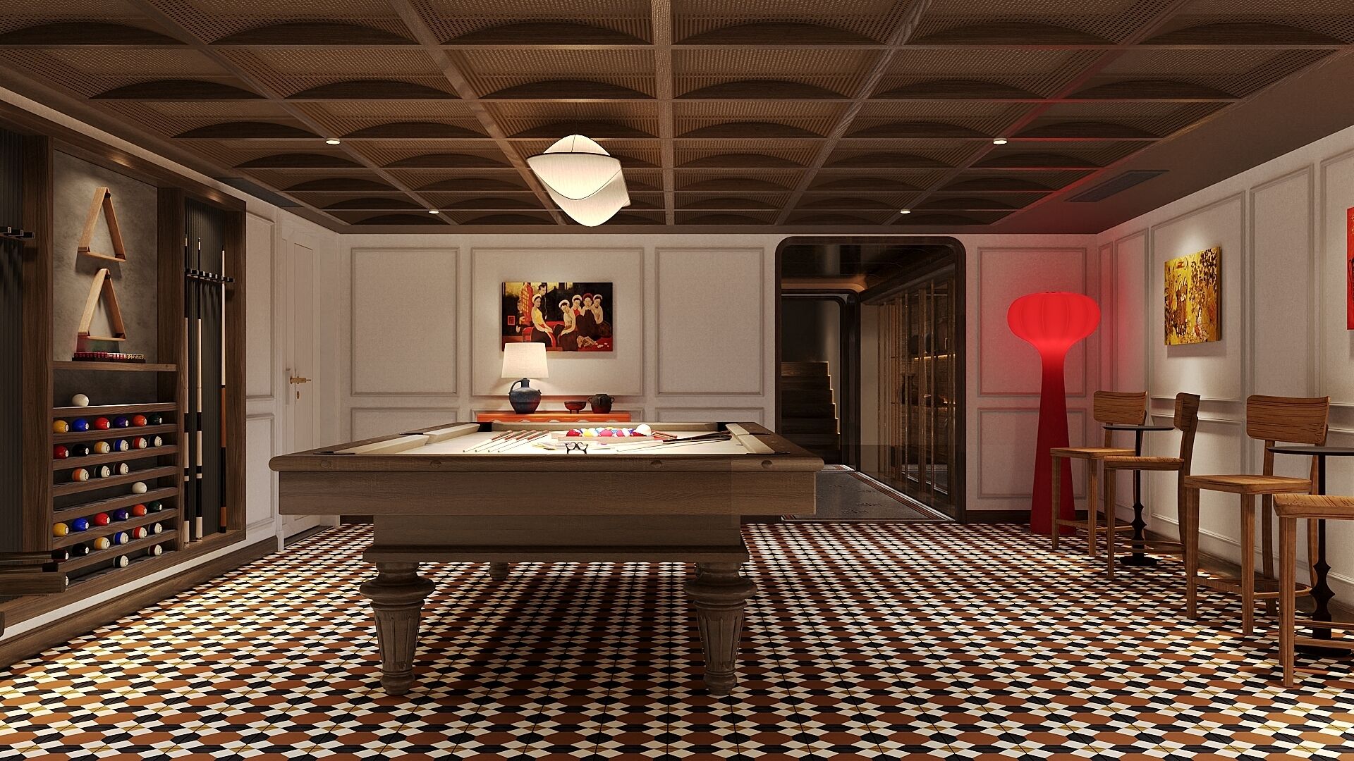 Une salle de billard avec une table de billard, une lampe rouge et un sol à motifs.