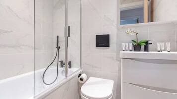 Hair dryer, towels, soap, toilet paper