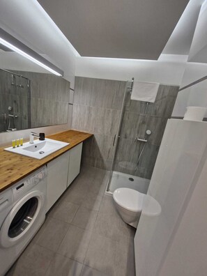 Hair dryer, towels, soap, toilet paper