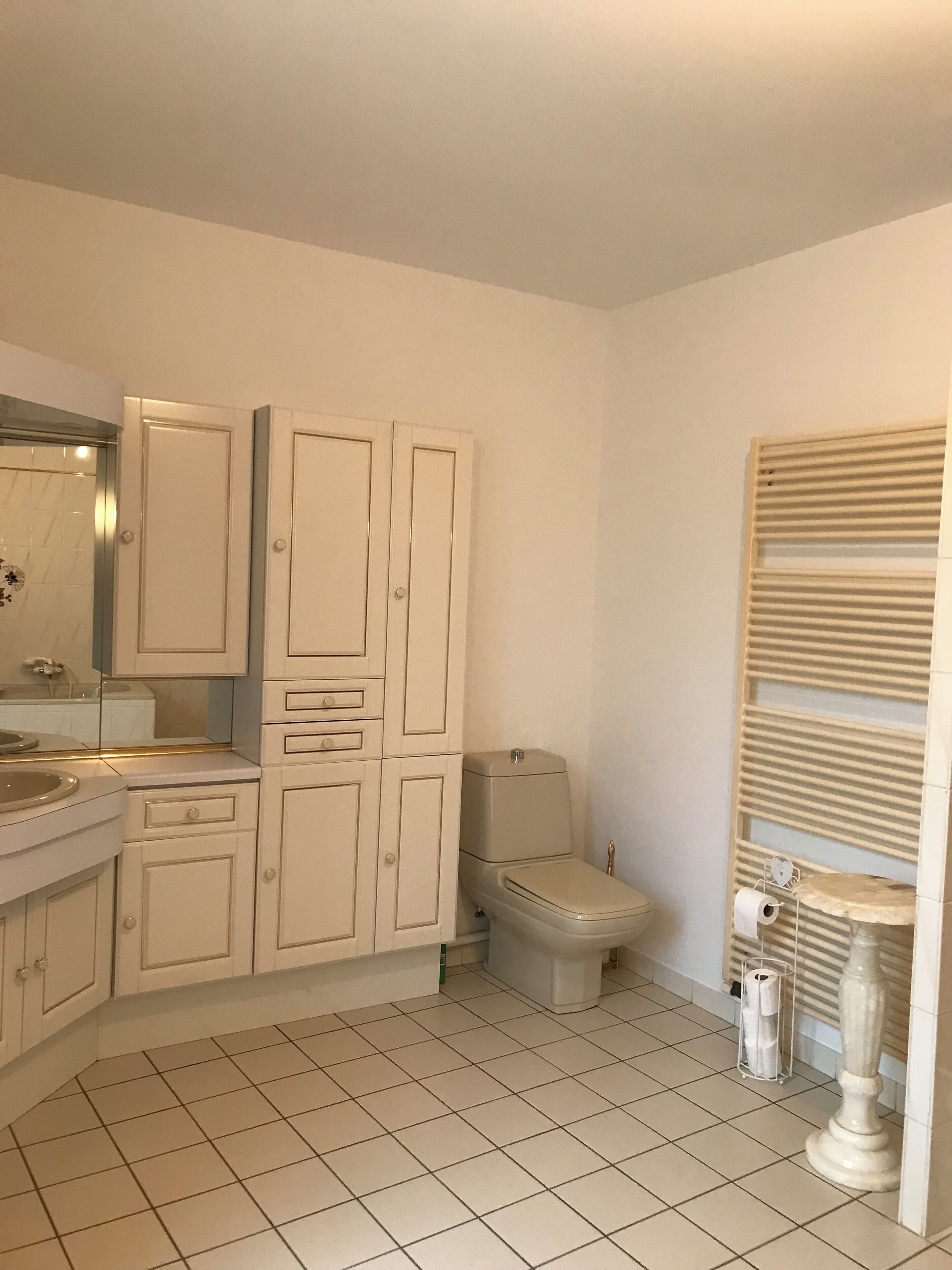 Een badkamer met witte kastjes, een toilet en een douchehoek.