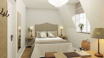 Um quarto com cama, mesas de cabeceira, luminária, janela com vista e porta.