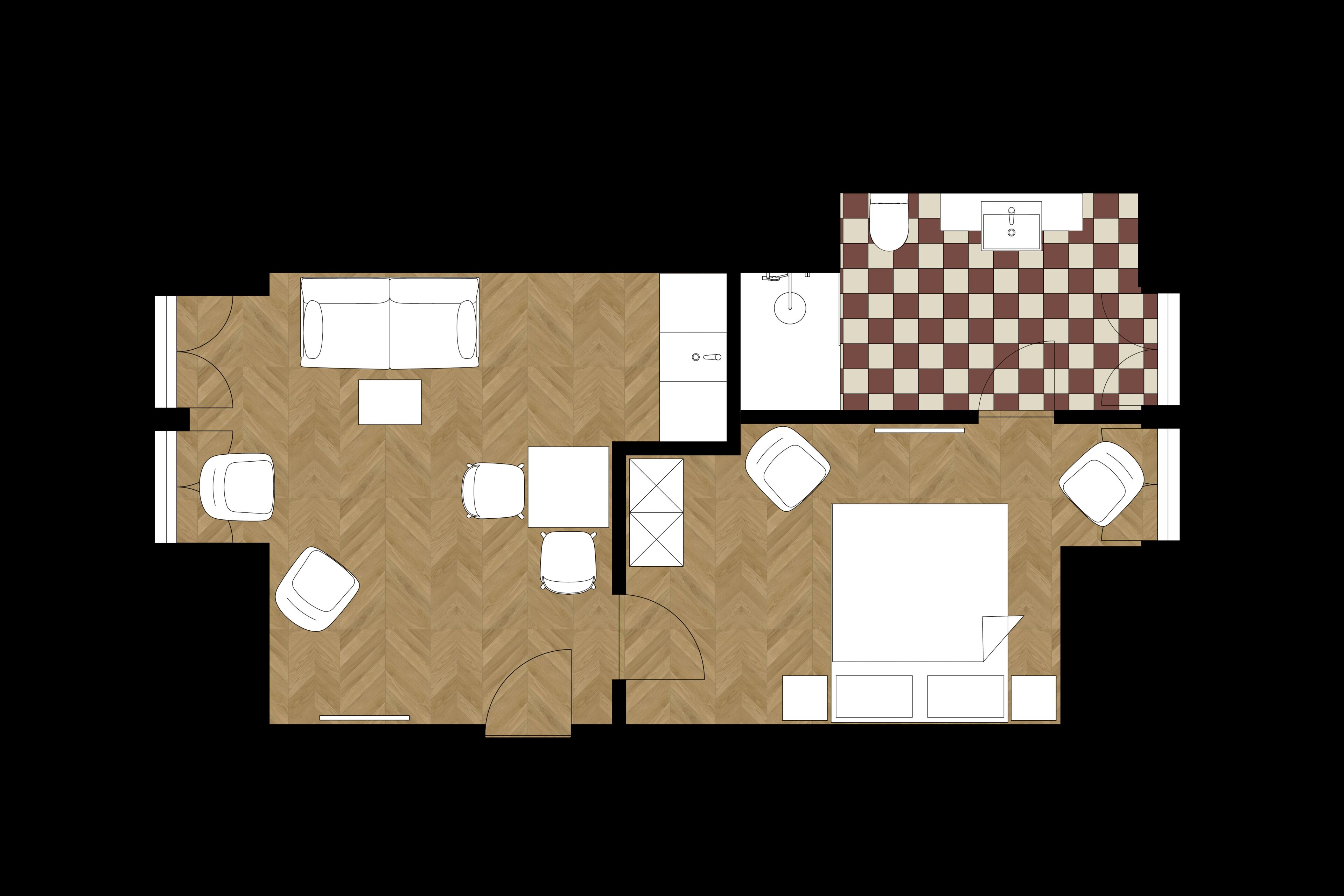Plano de un hotel que muestra una cocina, comedor y varias habitaciones.