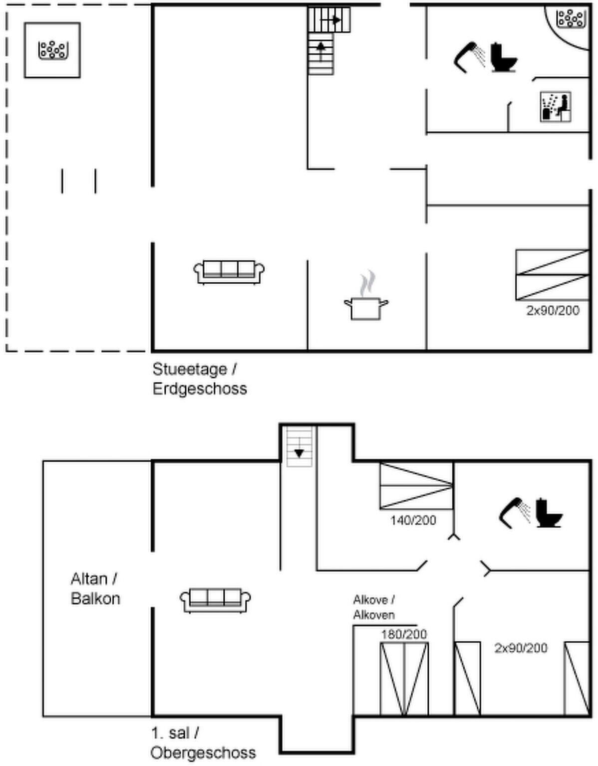 Un plan d’étage comprenant un coin cuisine, un espace de vie avec un canapé et un balcon.